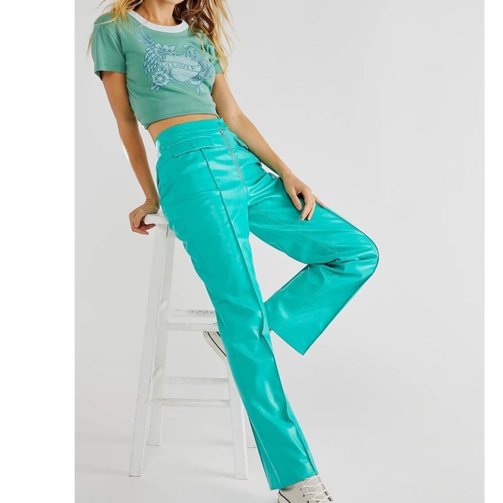 Hosbjerg Emilie Ada Faux Leather Pant Size Large Free People Turquoise Adda